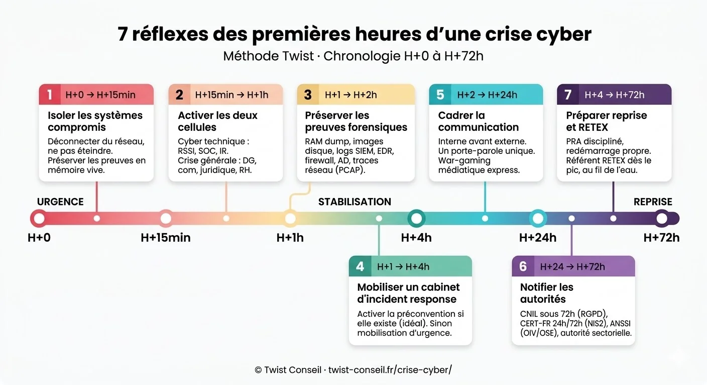 Timeline des 7 réflexes opérationnels d'une crise cyber, de H+0 à H+72h : isoler, activer les 2 cellules, préserver les preuves, mobiliser un cabinet IR, cadrer la communication, notifier les autorités, préparer reprise et RETEX