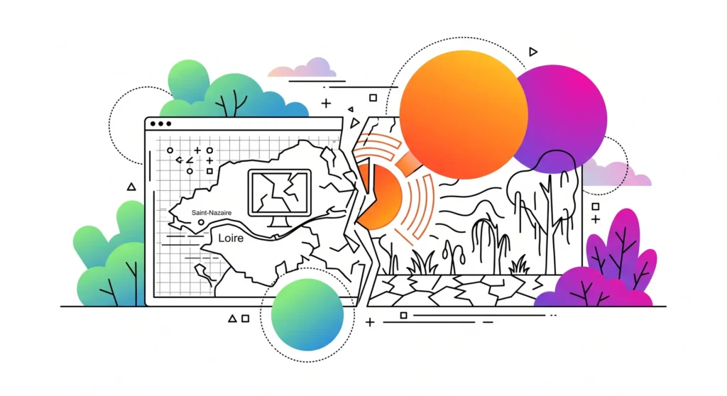 Illustration d'un serious game montrant une carte de la Loire-Atlantique avec Saint-Nazaire, symbolisant un scénario de canicule 2026 et ses impacts environnementaux.