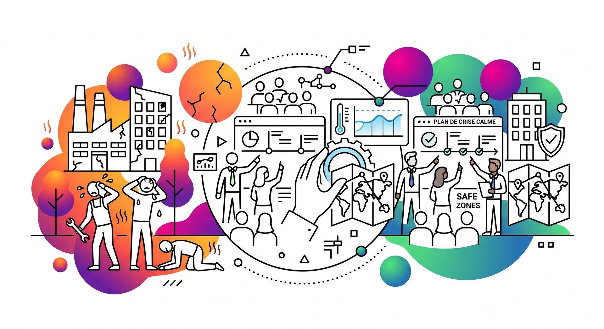 Illustration de la gestion de crise canicule au travail : plan de résilience, zones sûres et coordination d'équipe face aux risques.