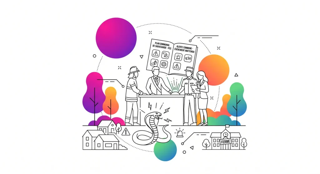 Illustration de gestion de crise en collectivité locale. Équipe face à un serpent symbolisant l'imprévu et l'alerte communale.