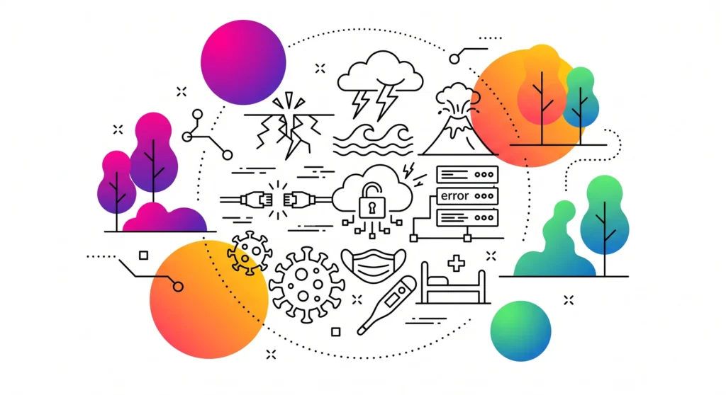 Infographie crise cyber montrant cyberattaque, ransomware, phishing, DDoS, virus et cloud sécurisé avec arbres et nature