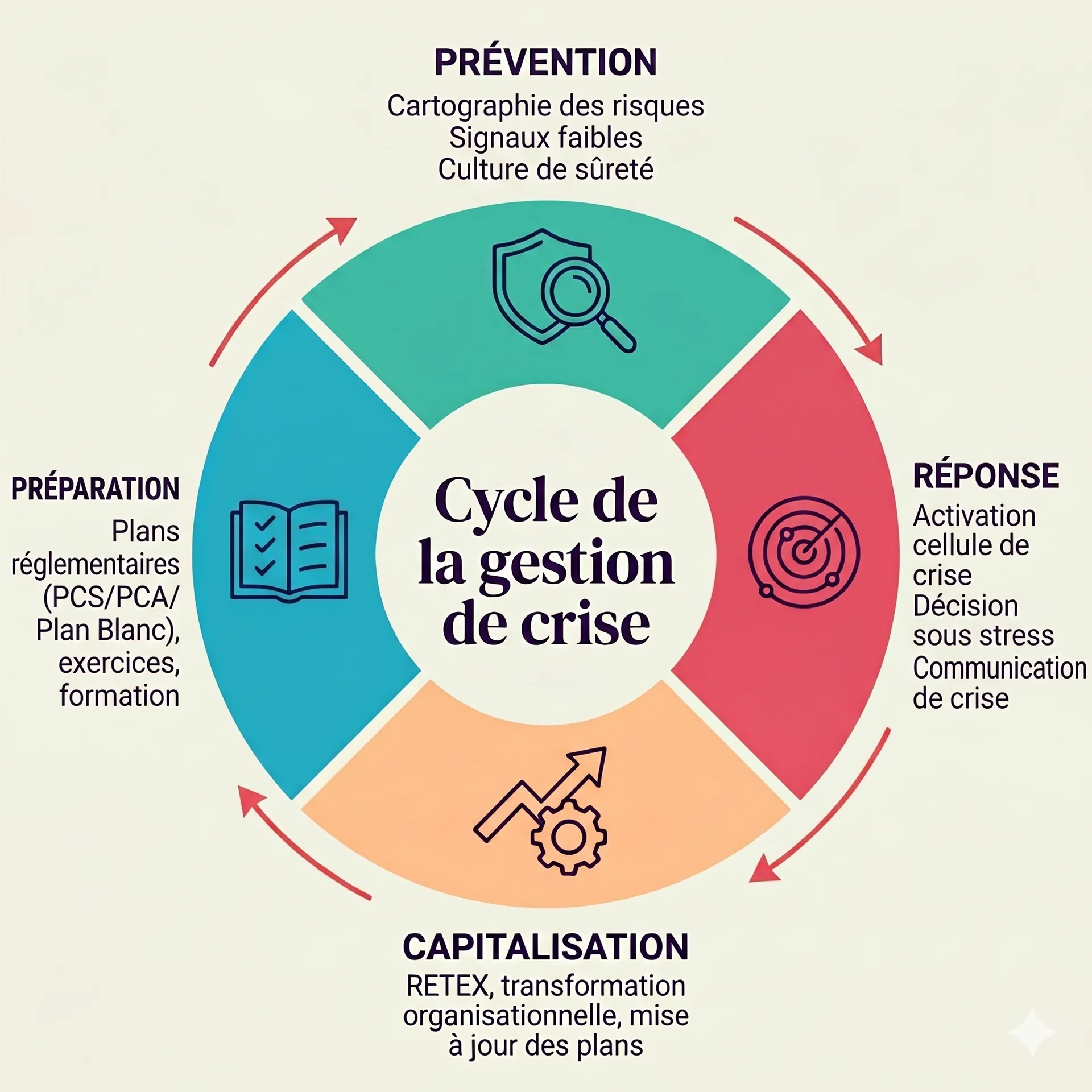Cycle de la gestion de crise en 4 phases canoniques selon l'approche Twist Conseil : Prévention, Préparation, Réponse, Capitalisation, articulées en boucle continue alignée sur la norme ISO 22361