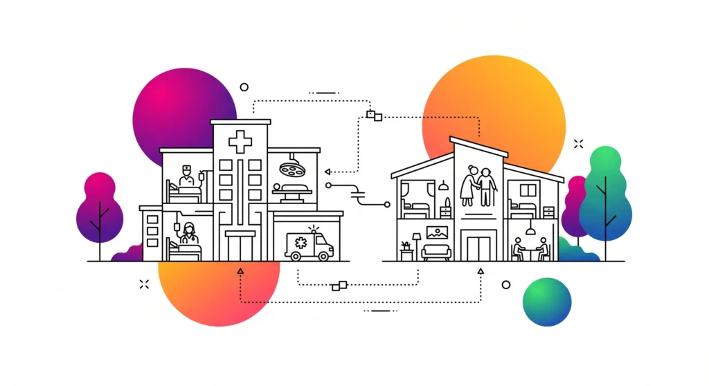 Illustration comparant le plan blanc (hôpital) et le plan bleu (maison) : deux infrastructures connectées montrant la différence entre gestion de crise sanitaire et plan bleu