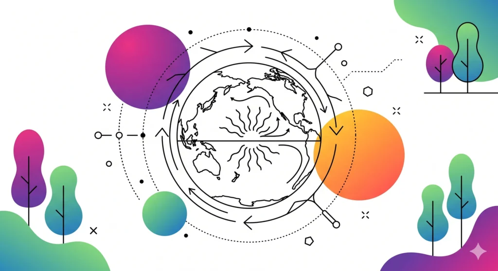 Infographie El Niño montrant la Terre entourée d'arbres colorés et de flèches de circulation océanique illustrant les impacts climatiques