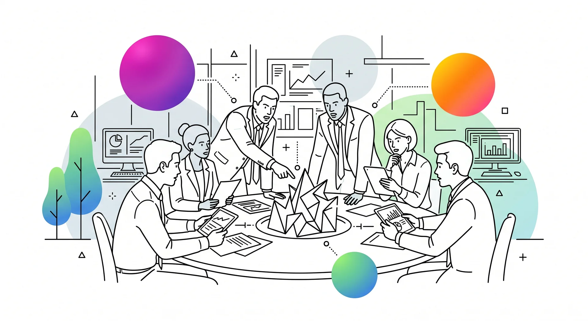 Équipe réunie en cellule de crise autour d'une table de travail, configuration de salle dédiée avec écrans de situation, schématisant la collaboration sous pression que Twist Conseil accompagne dans les organisations
