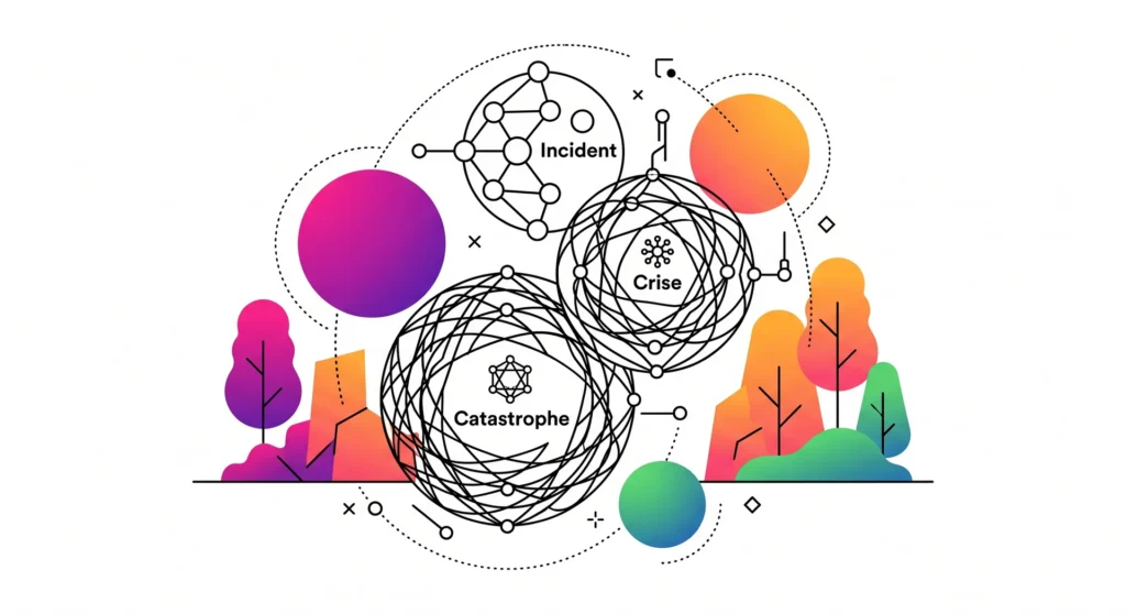 Schéma illustrant les différences entre incident, crise et catastrophe avec réseaux interconnectés et paysage coloré