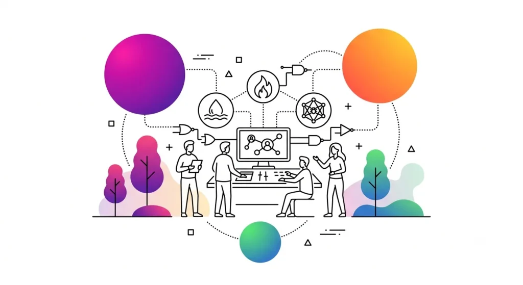 Serious games : équipe collaborant autour d'une interface numérique connectée avec symboles de feu, eau et éléments interactifs