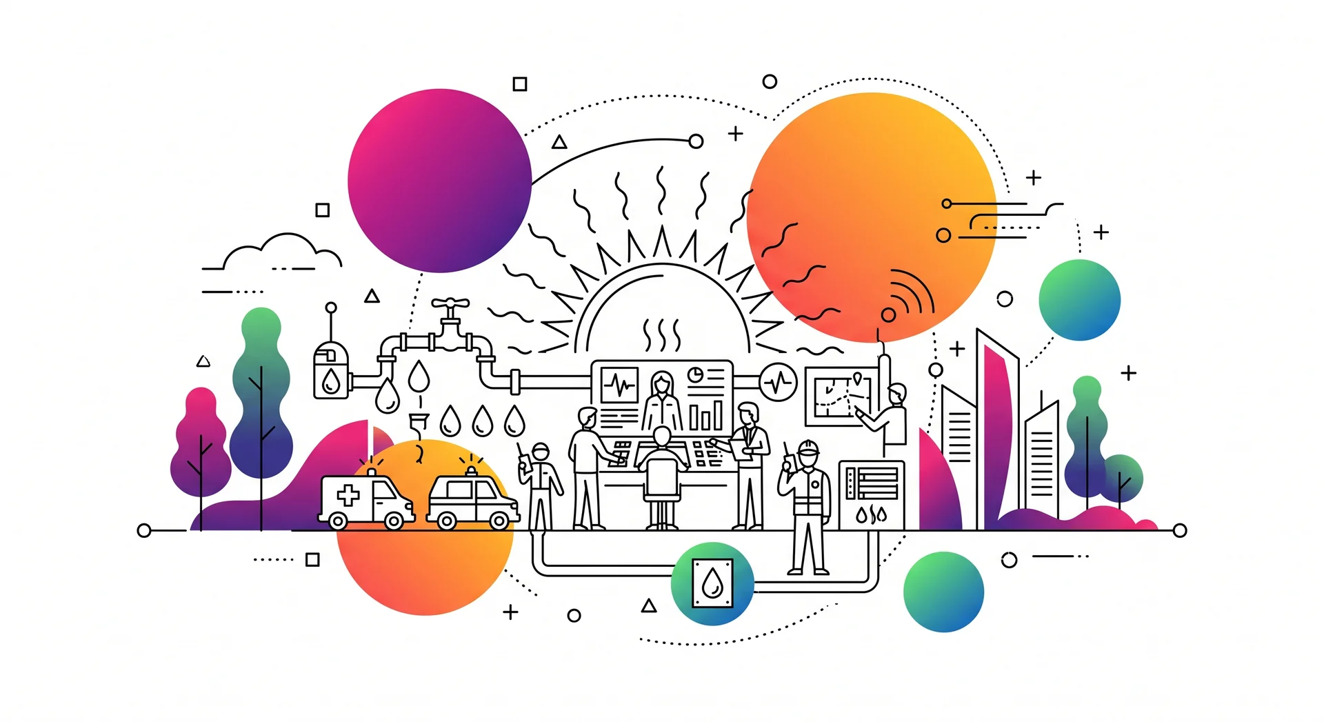 Illustration colorée montrant canicule et gestion de crise avec ambulances, personnel médical, bâtiments, arbres et systèmes d'eau interconnectés.