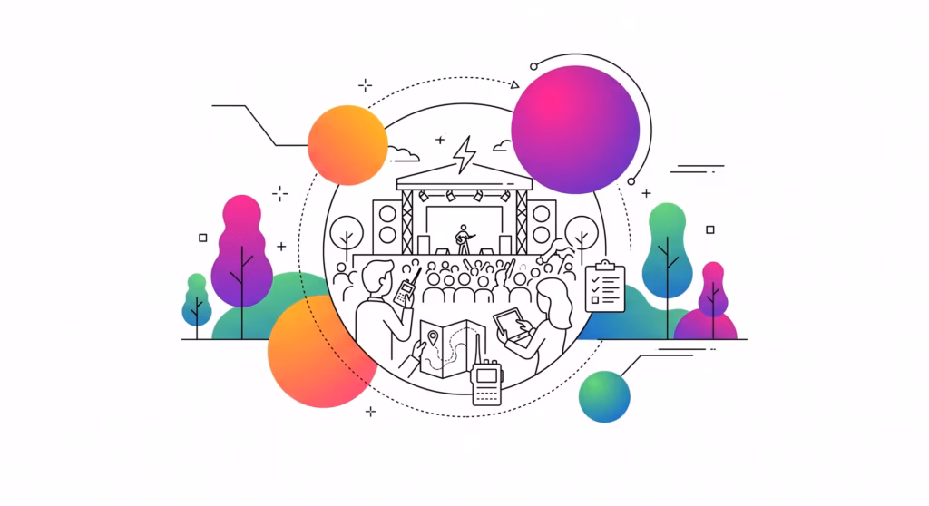 Illustration de gestion de crise événementiel montrant une scène avec public, équipe de coordination et dispositifs de communication