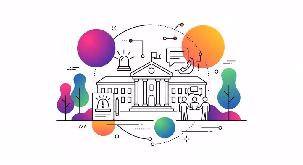 Illustration représentant la gestion de crise université avec bâtiment, personnel, communication et systèmes d'alerte interconnectés.