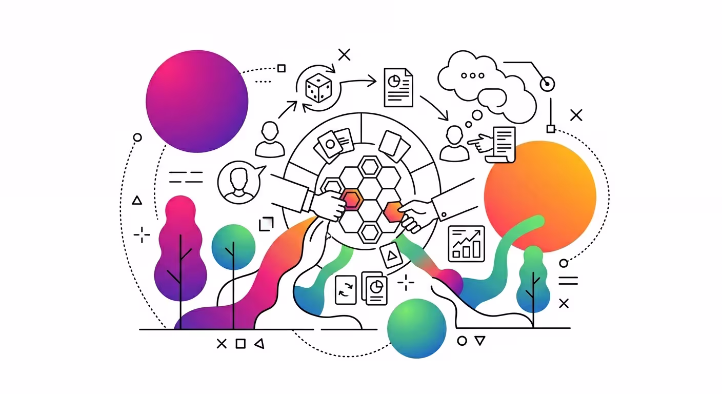 Illustration Tumulte : serious game collaboratif avec icônes de gestion de crise, mains travaillant sur structure hexagonale symbolisant la résolution de problèmes complexes